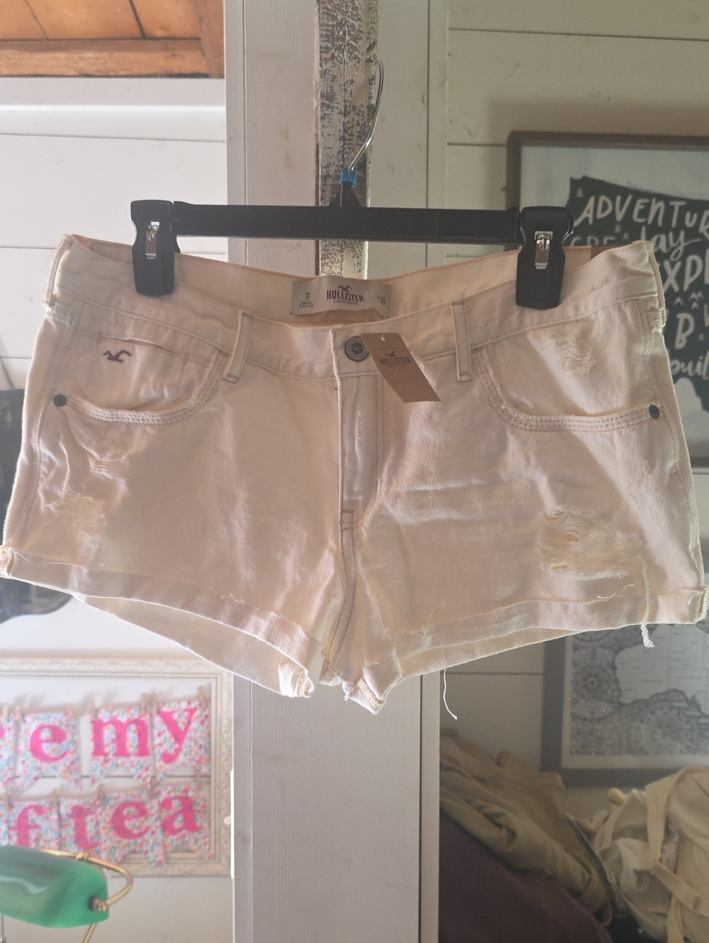 Hollister Cream Distressed Low-Rise Denim Shorts
